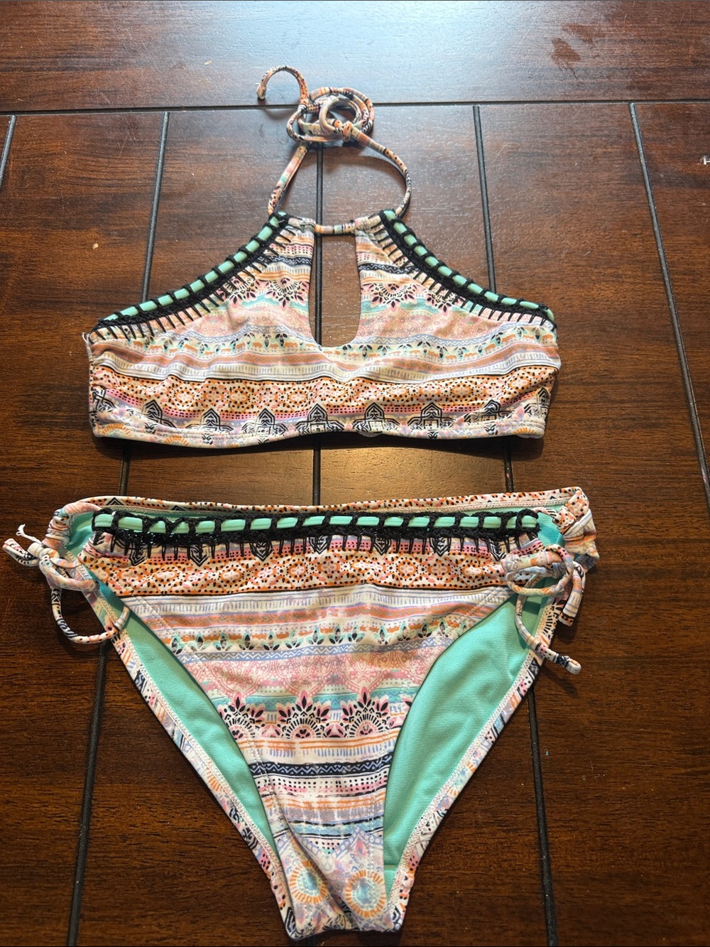 Printed High-Neck Bikini Set in Mint and Multi